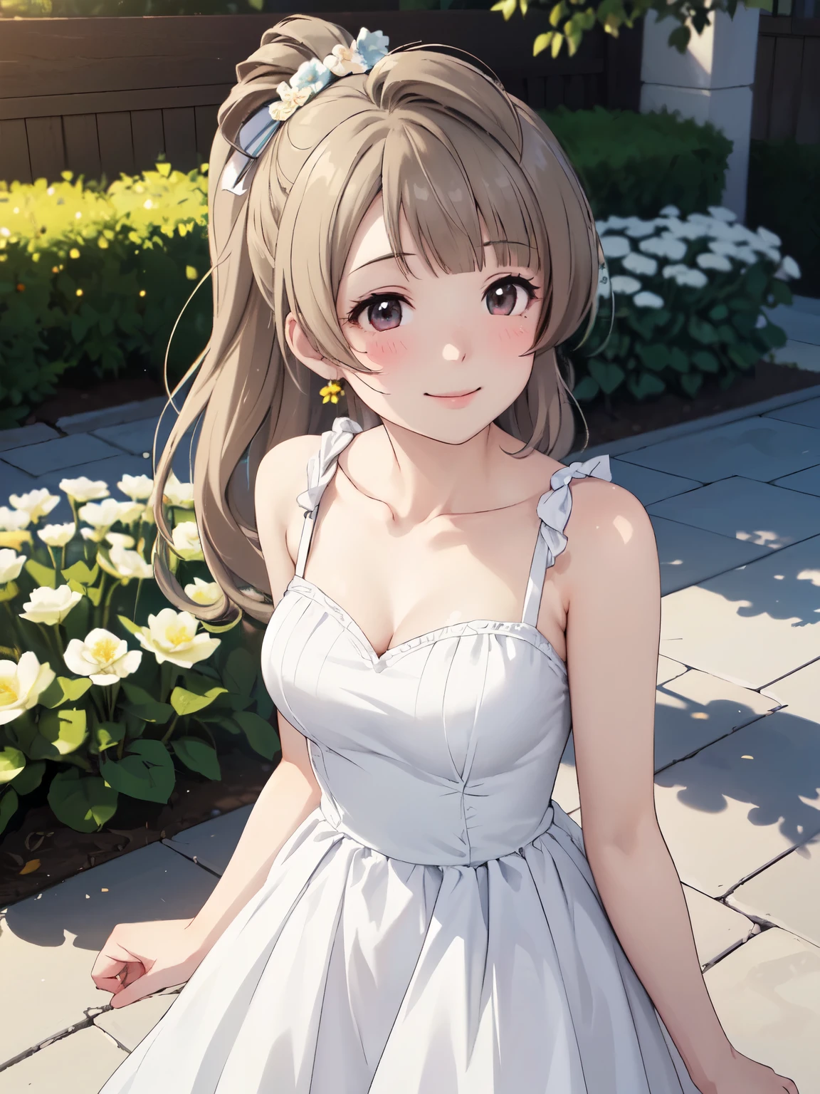 High resolution, highest quality, super high quality,3D Images,garden、flower bed、One girl, (Anime illustration style:1.5）, Kotori Minami 、smile、Closed Mouth,clavicle,White Party Dresses,Absolute reference to center、Cowboy Shot、Highly detailed face, Perfect lighting, Highly detailed CG、Standing
