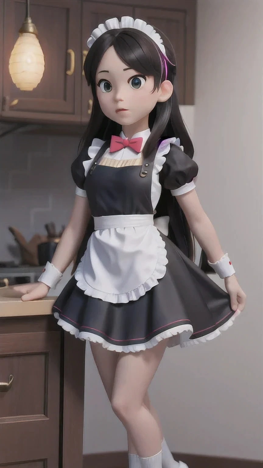 ((（one maid）))Lace headband，long hair bun，Maid overalls，Rainbow Silk Bow Tie，Short sleeves with tight cuffs，apron，Short skirt，Thigh exposed 20cm，Black high-tops over the knee，leather shoes，Facial expression puzzled