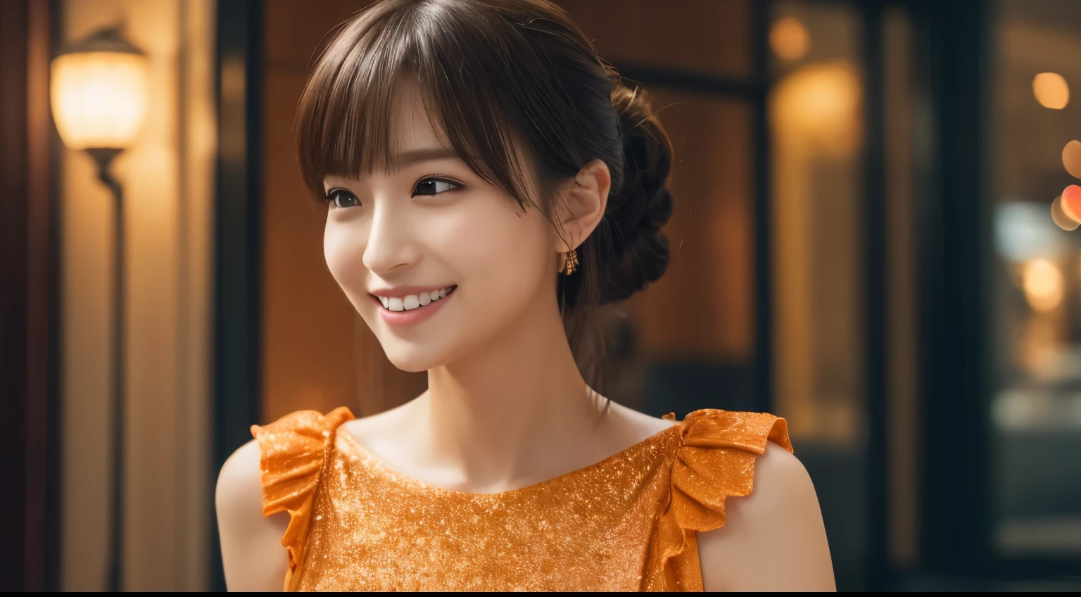 One Girl, (wearing an orange glitter dress:1.2), (RAW Photos, highest quality), (Realistic, Photorealistic:1.4), Tabletop, Very delicate and beautiful, Very detailed, 2k wallpaper, wonderful, In detail, Very detailed CG Unity 8k wallpaper, Very detailedな, High resolution, Soft Light, Beautiful detailed girl, Very detailedな目と顔, Beautifully detailed nose, Beautiful fine details, Cinema Lighting, City lights at night, Amazing illumination, Perfect Anatomy, Slender body, small, smile