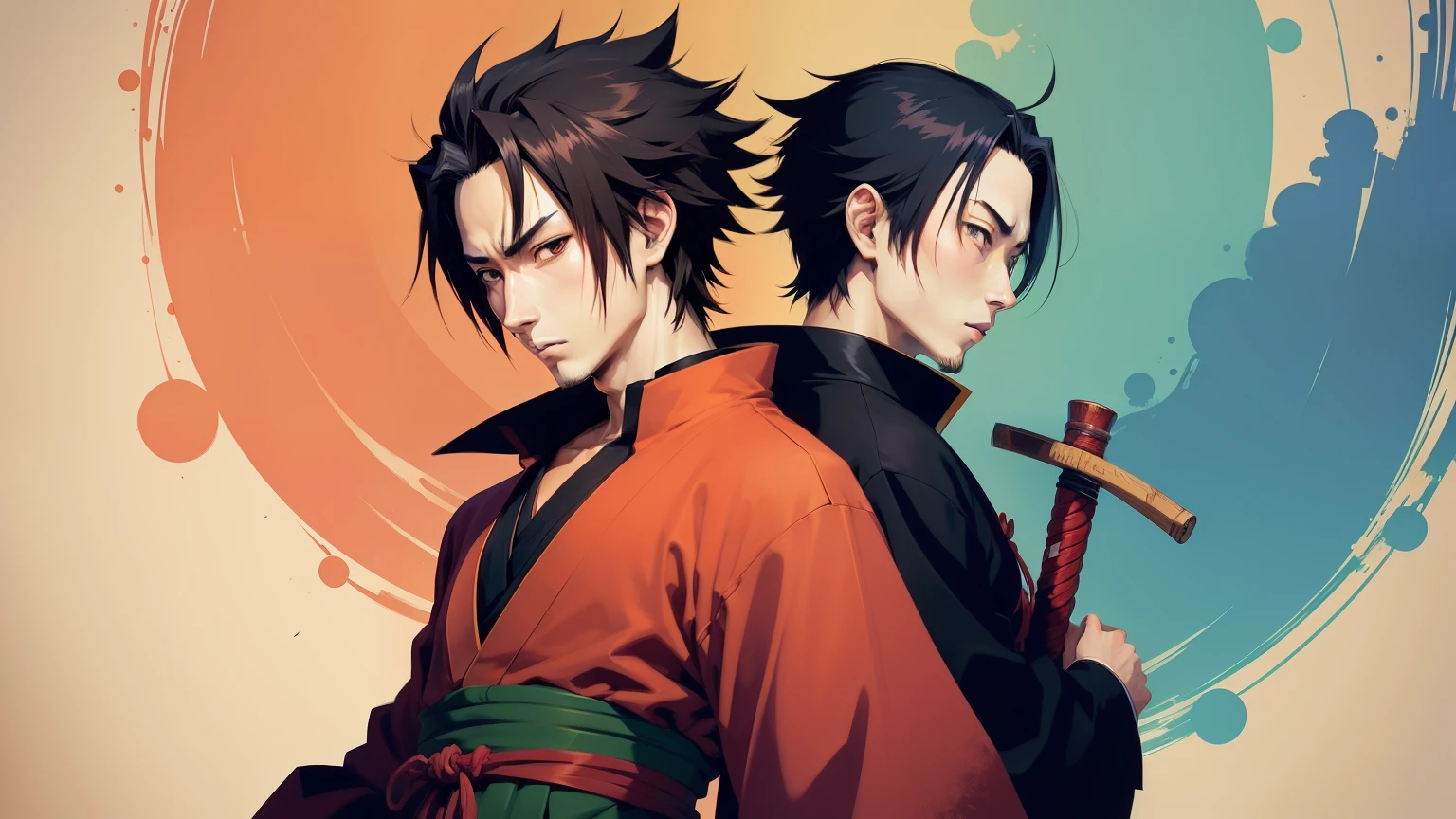 Japanese anime style, Samurai Champloo style, vivid background colors, and a variety of colors.