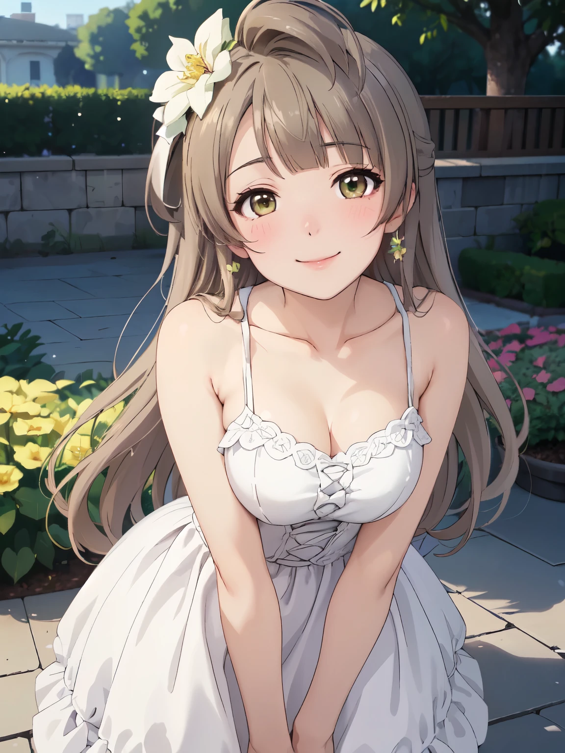 High resolution, highest quality, super high quality,3D Images,garden、flower bed、One girl, (Anime illustration style:1.5）, Kotori Minami 、smile、Closed Mouth,clavicle,White Party Dresses,Absolute reference to center、Cowboy Shot、Highly detailed face, Perfect lighting, Highly detailed CG、Standing、Leaning forward
