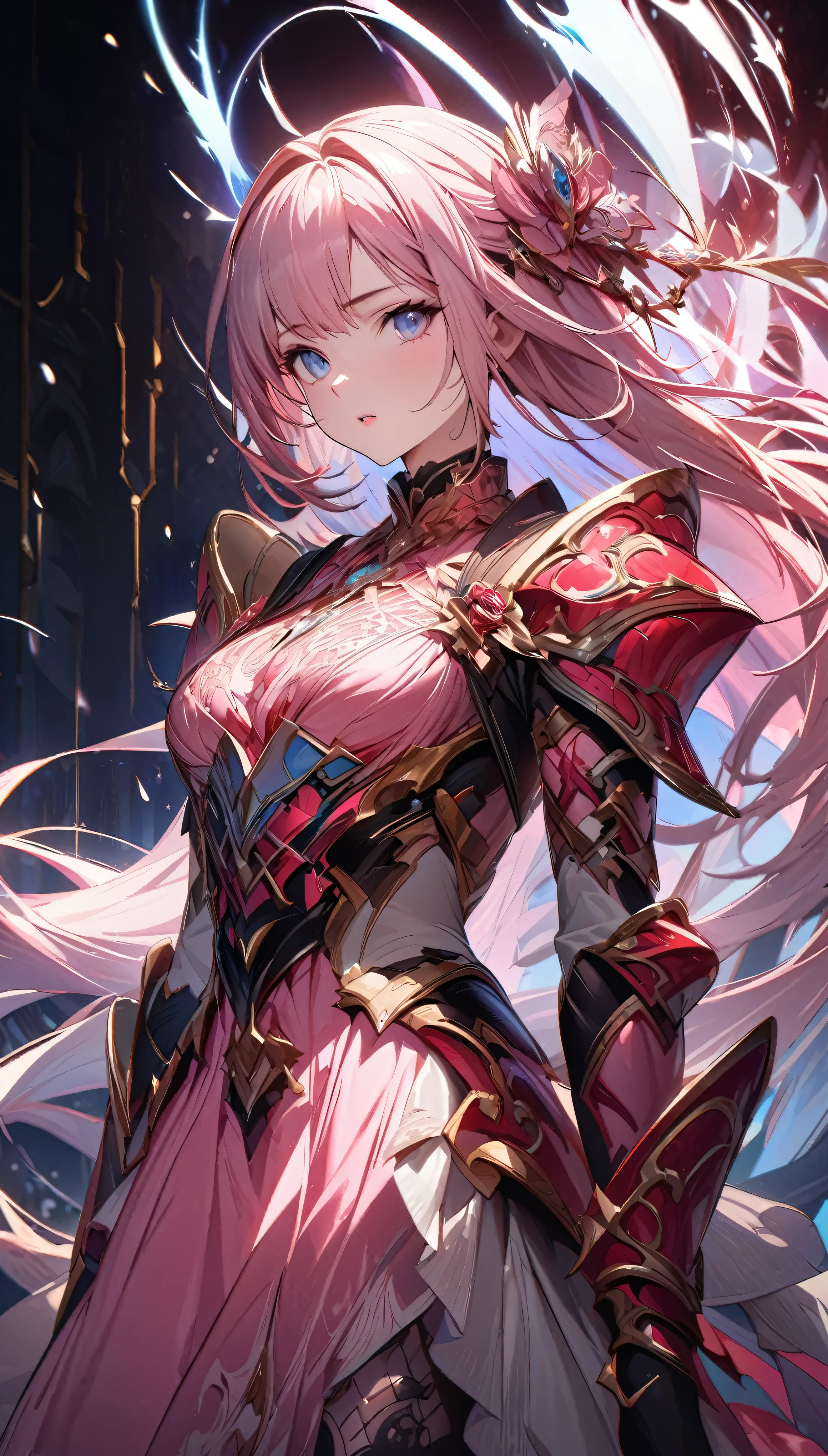with high definition images,Detailed fantasy art masterpiece: Woman with stunning character adorned in pink dress close-up。This fan art is、Acclaimed Artists、Created by Kyoto Animation, it is a testament to the exceptional skill of the artists。Detailed fantasy art、Intricate pattern detail on armor、Delicate fabric texture、Vivid and rich colors、It radiates a captivating charm。Hall々A woman with a stern posture and intricate armor、It exudes an aura of breathtaking strength and beauty.。