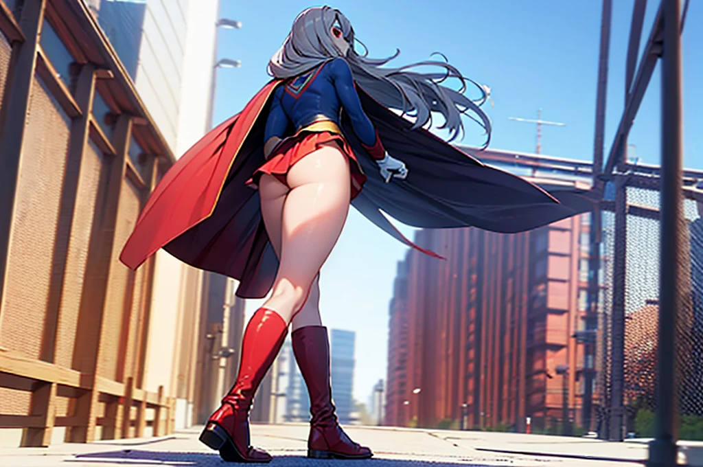 (full body), (masterpiece:1.2), (Highest_quality:1.2), (Ultra_detailed:1.3), 8k,Low - Angle,From below,(Squat,arms behind back),Big Butt Girl, Medium chest, Bare legs,Long boots in red,3D Rendering,( Supergirl),laura bodewig, long hair, (red eyes:1.3), grey hair, eyepatch,Red Skirt,the skirt is short,,A blue leotard is visible under the skirt.,The skirt is blown up by the wind,Red Cape,Gloves,Simple Background,White Background,(standing by wooden pole)