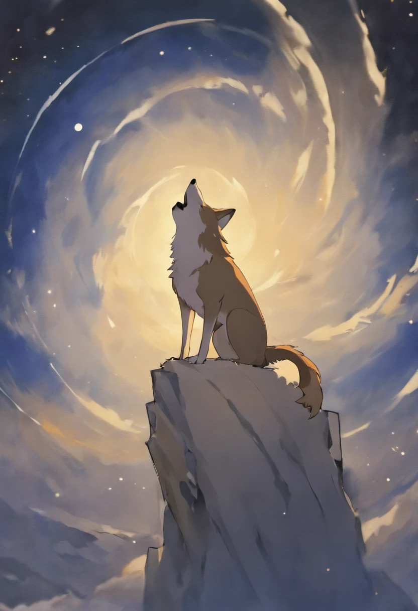 Realistic wolf in front of a full moon. The wolf has yellow eyes and golden fur.. The painting is full of stars and faint lights,The wolf had a calm expression.