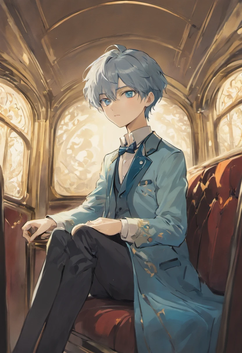 British boy, white skin, dark blue hair, straight and short hair, light blue eyes, dressing victorian outfit white sitting in a luxury coach