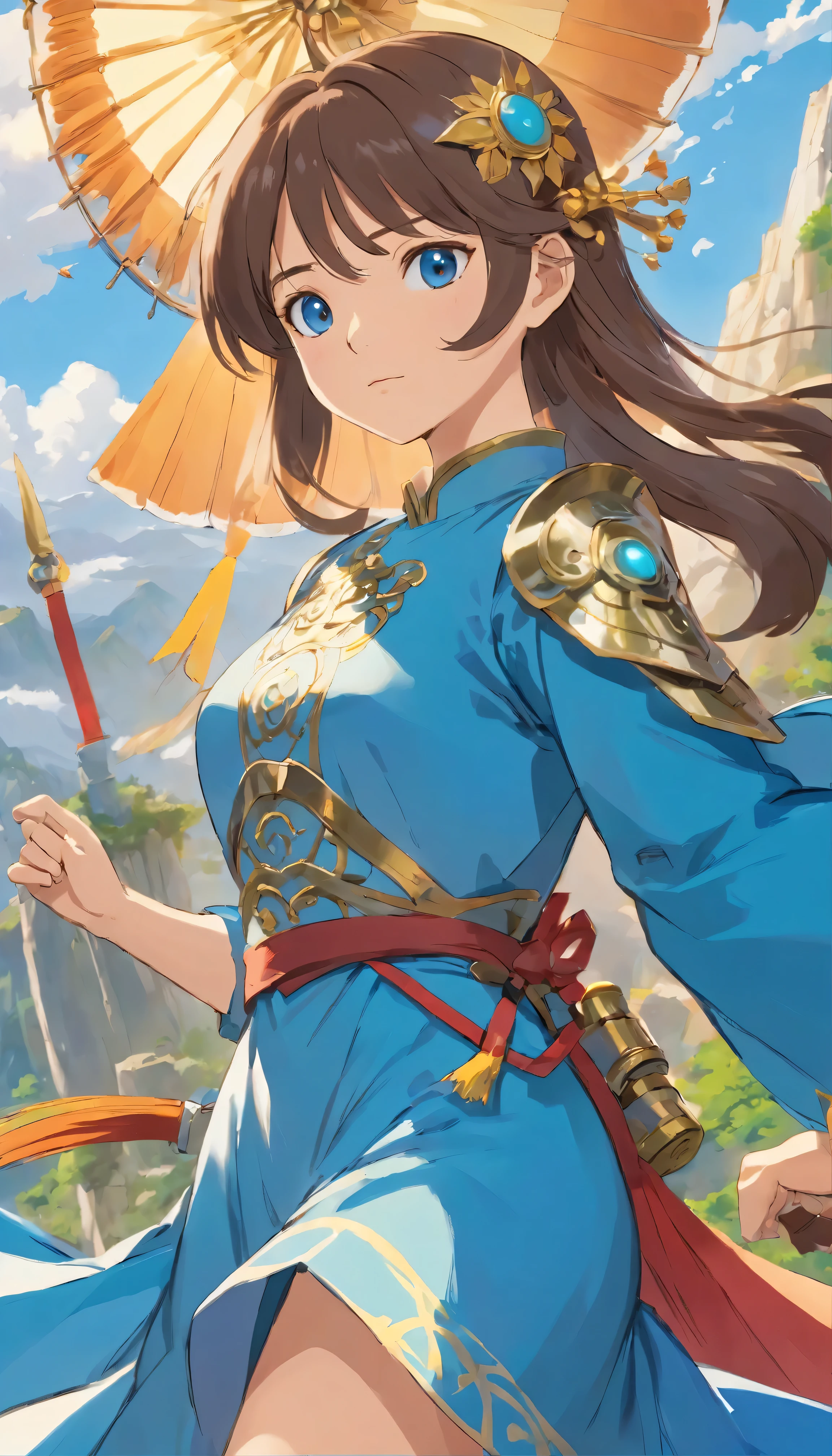with high definition images,Detailed fantasy art masterpiece: By Chengwei Pan from ArtStation、Woman with stunning character adorned in sky blue dress close-up。This fan art is、Acclaimed Artists、Created by Kyoto Animation, it is a testament to the exceptional skill of the artists。Detailed fantasy art、Intricate pattern detail on armor、Delicate fabric texture、Vivid and rich colors、It radiates a captivating charm。Hall々A woman with a stern posture and intricate armor、It exudes an aura of breathtaking strength and beauty.。