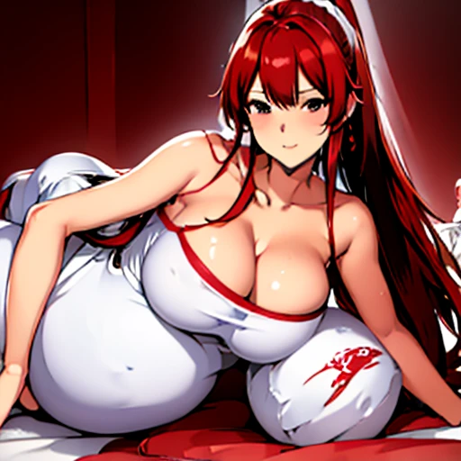 Sexy pregnant motherly angel, sexy motherly pose, mature, red hair, angel wings, beautiful angelic white and gold dress, motherly face, reaching out her hand