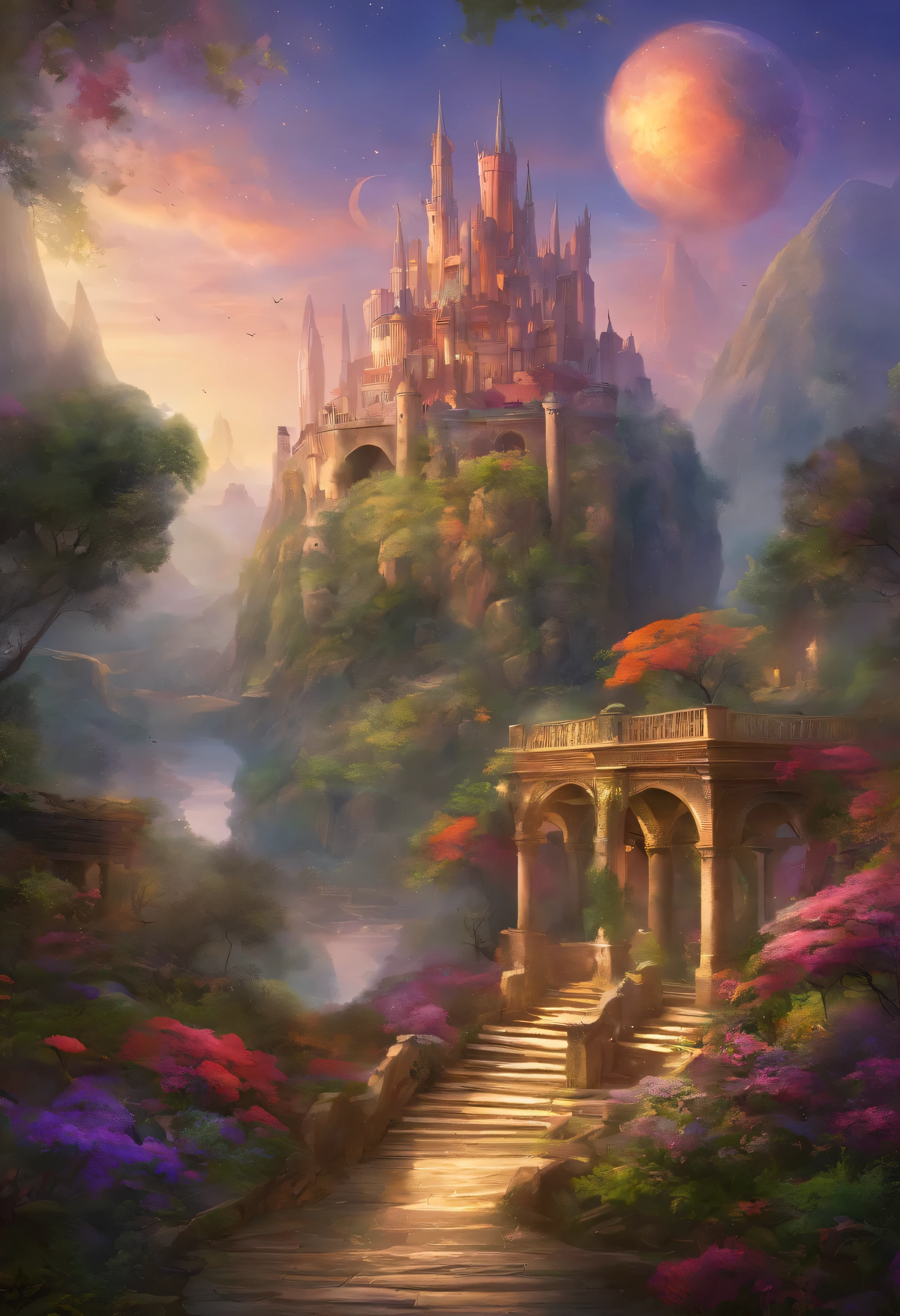 uma cidade celestial com toda sua magnitude, com castelos, pontes e lagos, com jardins magnificos, um lugar celestial,morada de Deuses, com colunas gregas, estilo cidade de Sevilha na espanha
