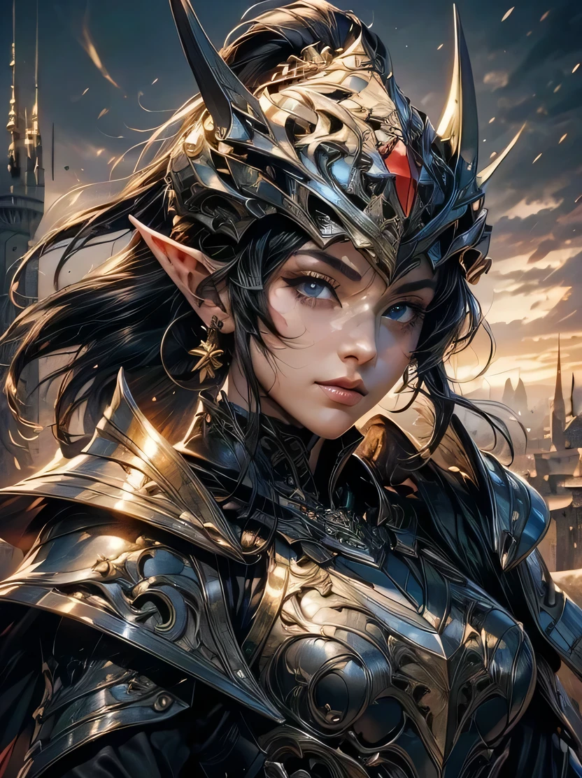 ((masterpiece、highest quality、Super detailed、High resolution、Sharp focus))、((One Girl、Mature Woman、Brightness of the face、Bust Shot))、Focus from the chest up、30 year old female elf、Slim figure、Black hair ponytail、Captivating blue eyes、Sharp eyes、A black cloak made of flowing fabric、Black leather armor and leggings、Black Knight Armor、Knight's helmet covering the entire face、Burning cityscape and medieval castle、Vibrant colors、View your viewers、Detailed hand drawing、Combat Ready、Dynamic Movement