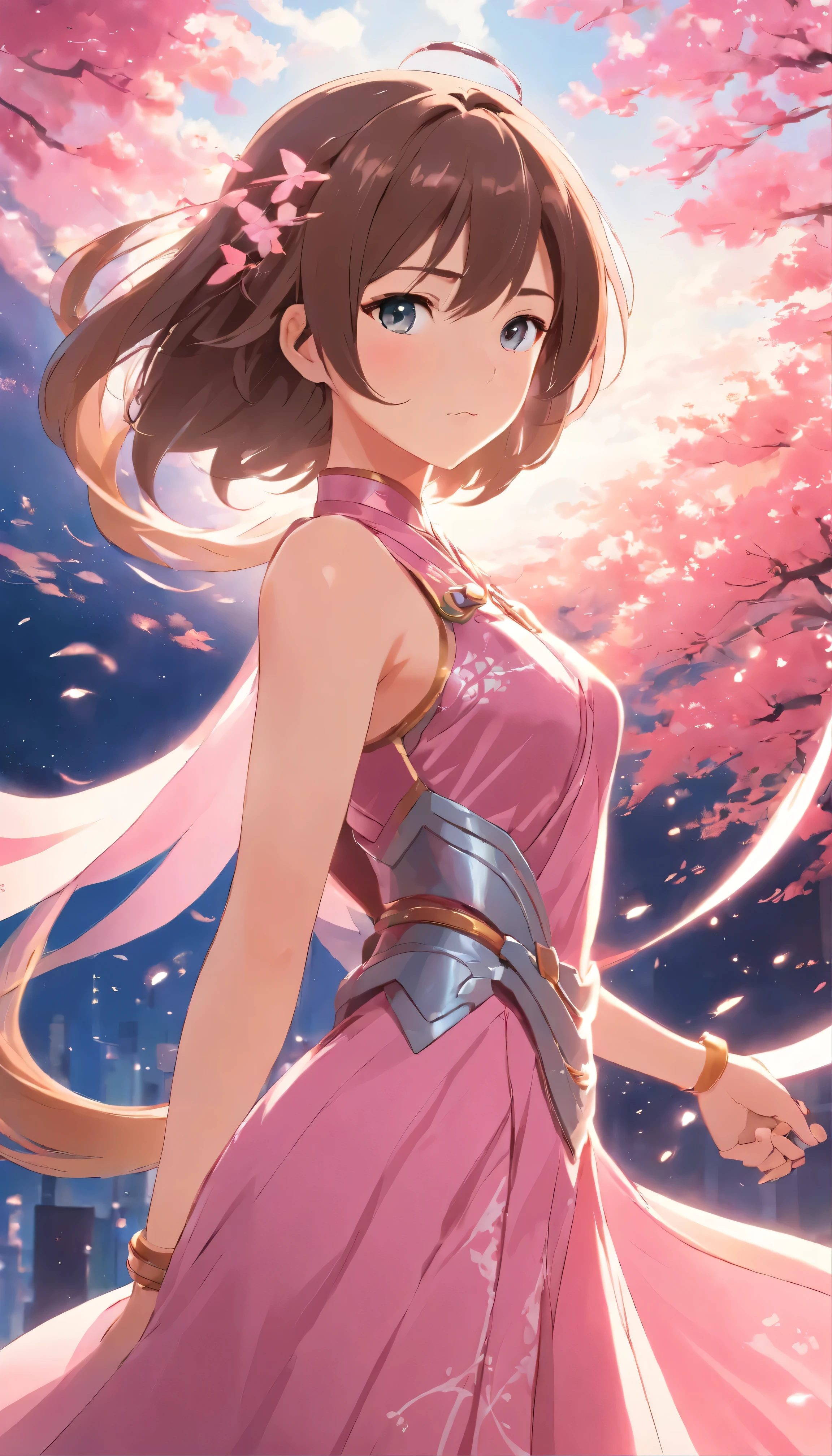 with high definition images,Detailed fantasy art masterpiece: Woman with stunning character adorned in pink dress close-up。This fan art is、Acclaimed Artists、Created by Kyoto Animation, it is a testament to the exceptional skill of the artists。Detailed fantasy art、Intricate pattern detail on armor、Delicate fabric texture、Vivid and rich colors、It radiates a captivating charm。Hall々A woman with a stern posture and intricate armor、It exudes an aura of breathtaking strength and beauty.。