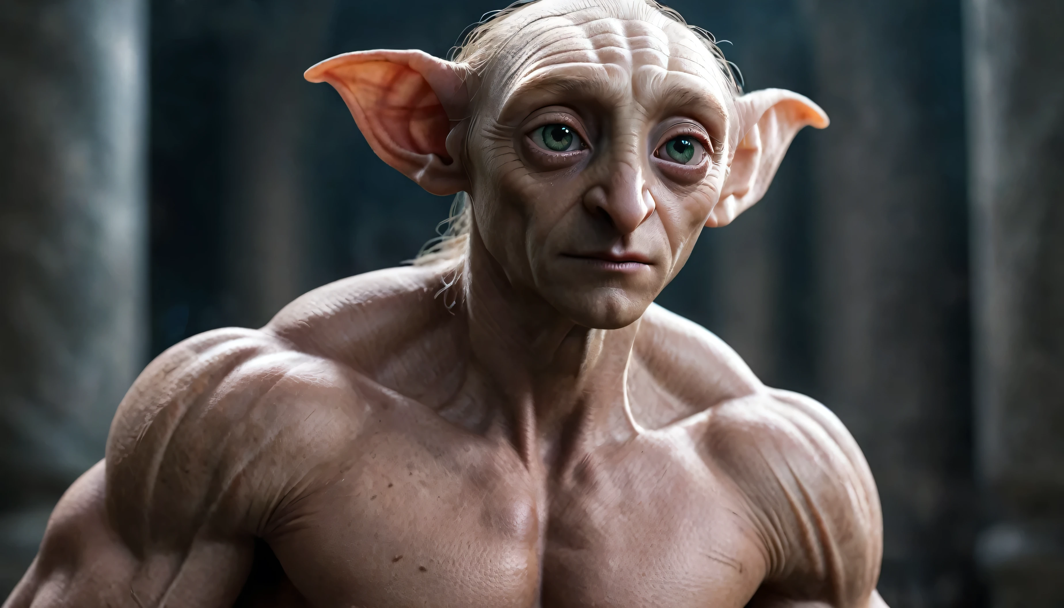 Very Handsome Dobby with a really big chiseled jawline and very big muscled Muscles is looking straight with sigma look inside his magic academy, Ultra realistic