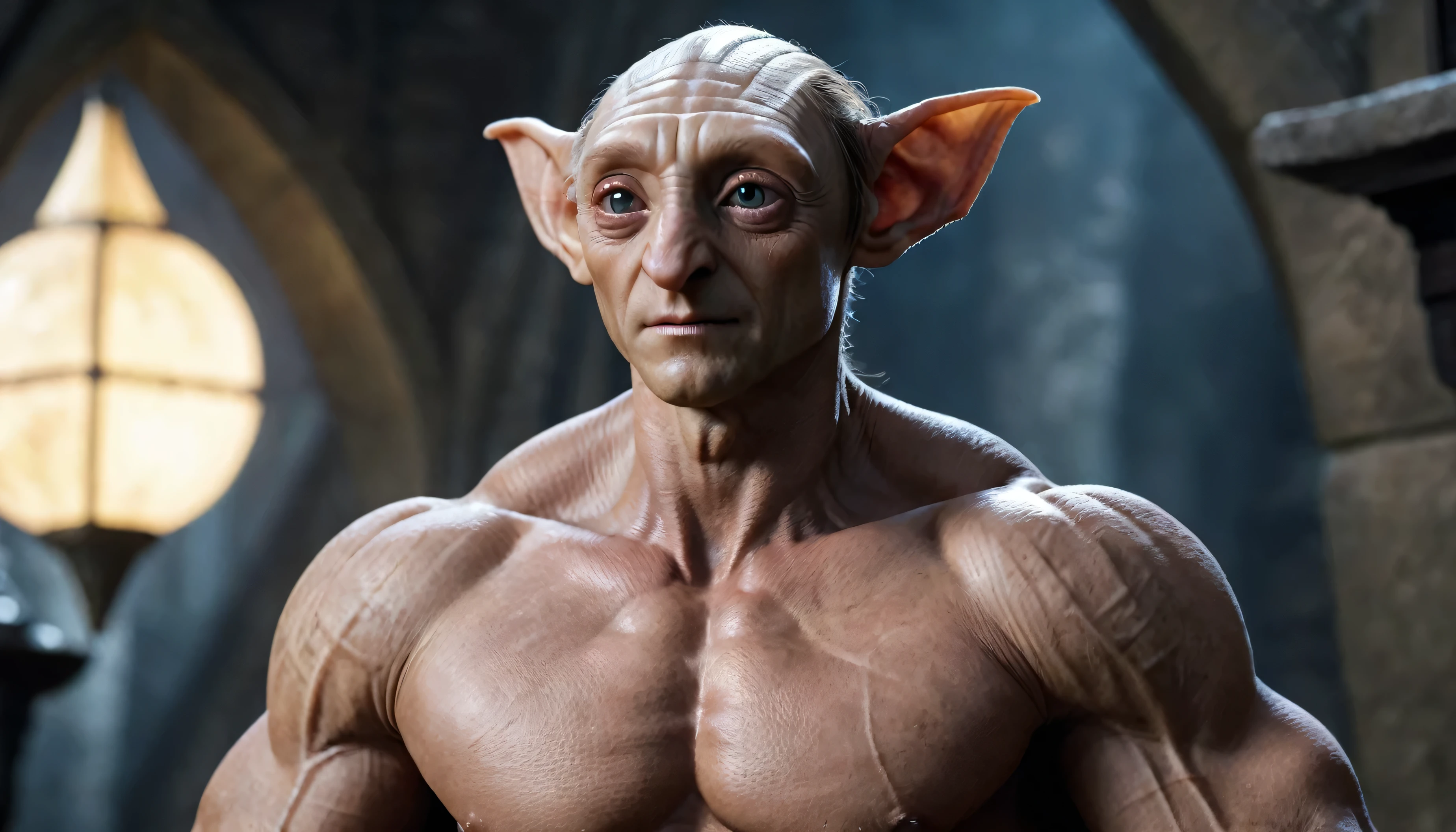 Very Handsome Dobby with a really big chiseled jawline and very big muscled Muscles is looking straight with sigma look inside his magic academy, Ultra realistic
