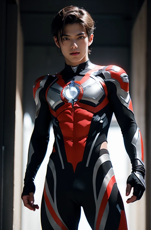 Ultraman, realistic, realistic, movie lights, young man in shiny red and silver suit, , professional photo, skin exposed, Japanese model, Japanese CGI, sexy Ultraman suit, Power Rangers set, tight thin cyber suit, with elastic all over, delicate body, small butt, muscle, abs, lewd mark, groin tattoo, thin waist, exposed belly cyber suit on both sides skin tight, slanted eyes, sharp gaze, ponytail hair, facing forward, standing facing forward, glowing sphere embedded in chest, essay exam, blue sky background, Young beautiful boy, young handsome boy, Ultraman Boy personification, Ultraman-colored latex, Ultraman-colored rubber bodysuit, Ultraman color suit, Ultraman body suit, muscles, abs, mask off Ultraman Boy, Ultraman Boy without mask, Ultraman Boy suit, Ultraman Boy cosplay, Ultraman Boy costume, 15 year old  Ultraman Boy with face exposed, Ultraman without mask Boy, Ultraman without mask, medium-length hair, ponytail hair, color timer on chest, energy drain on chest, Ultraman Boy, boy's face, young boy with long hair, Ultraman Boy cosplayer, exposed face, 13 to 15 years old Boy, high definition, highest quality, best masterpiece, highest clarity, highest resolution, 8K, 16K, 32K, CG art, highest detail, Full body shot, full body view, Belly-baring Ultraman-colored bodysuit, belly-baring Ultraman-colored bodysuit, revealing bodysuit, lewd mark, crotch tattoo, abdominal muscle openwork bodysuit, abdominal muscle visible bodysuit,