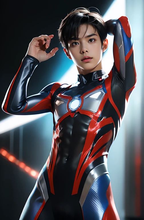 Ultraman, realistic, realistic, movie lights, young man in shiny red and silver suit, 15 years old, professional photo, skin exposed, Japanese model, Japanese CGI, sexy Ultraman suit, Power Rangers set, tight thin cyber suit, with elastic all over, delicate body, small butt, muscle, abs, lewd mark, groin tattoo, thin waist, exposed belly cyber suit on both sides skin tight, slanted eyes, sharp gaze, ponytail hair, facing forward, standing facing forward, glowing sphere embedded in chest, essay exam, blue sky background, Young beautiful boy, young handsome boy, Ultraman Boy personification, Ultraman-colored latex, Ultraman-colored rubber bodysuit, Ultraman color suit, Ultraman body suit, muscles, abs, mask off Ultraman Boy, Ultraman Boy without mask, Ultraman Boy suit, Ultraman Boy cosplay, Ultraman Boy costume, 15 year old boy's body, Ultraman Boy with face exposed, Ultraman without mask Boy, Ultraman without mask, medium-length hair, ponytail hair, color timer on chest, energy drain on chest, Ultraman Boy, boy's face, young boy with long hair, Ultraman Boy cosplayer, exposed face, 13 to 15 years old Boy, young boy's face, high definition, highest quality, best masterpiece, highest clarity, highest resolution, 8K, 16K, 32K, CG art, highest detail, Full body shot, full body view, Belly-baring Ultraman-colored bodysuit, belly-baring Ultraman-colored bodysuit, revealing bodysuit, lewd mark, crotch tattoo, abdominal muscle openwork bodysuit, abdominal muscle visible bodysuit,