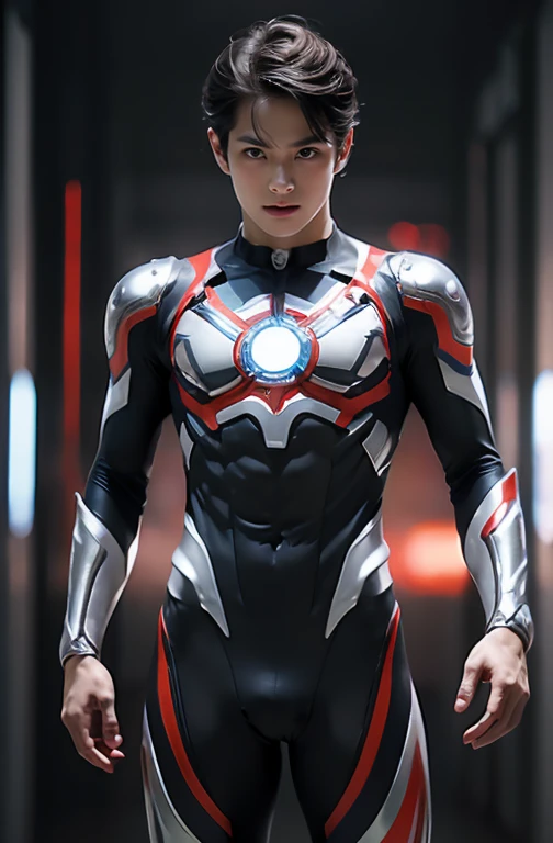 Ultraman, realistic, realistic, movie lights, young man in shiny red and silver suit, 15 years old, professional photo, skin exposed, Japanese model, Japanese CGI, sexy Ultraman suit, Power Rangers set, tight thin cyber suit, with elastic all over, delicate body, small butt, muscle, abs, lewd mark, groin tattoo, thin waist, exposed belly cyber suit on both sides skin tight, slanted eyes, sharp gaze, ponytail hair, facing forward, standing facing forward, glowing sphere embedded in chest, essay exam, blue sky background, Young beautiful boy, young handsome boy, Ultraman Boy personification, Ultraman-colored latex, Ultraman-colored rubber bodysuit, Ultraman color suit, Ultraman body suit, muscles, abs, mask off Ultraman Boy, Ultraman Boy without mask, Ultraman Boy suit, Ultraman Boy cosplay, Ultraman Boy costume, 15 year old boy's body, Ultraman Boy with face exposed, Ultraman without mask Boy, Ultraman without mask, medium-length hair, ponytail hair, color timer on chest, energy drain on chest, Ultraman Boy, boy's face, young boy with long hair, Ultraman Boy cosplayer, exposed face, 13 to 15 years old Boy, young boy's face, high definition, highest quality, best masterpiece, highest clarity, highest resolution, 8K, 16K, 32K, CG art, highest detail, Full body shot, full body view, Belly-baring Ultraman-colored bodysuit, belly-baring Ultraman-colored bodysuit, revealing bodysuit, lewd mark, crotch tattoo, abdominal muscle openwork bodysuit, abdominal muscle visible bodysuit,