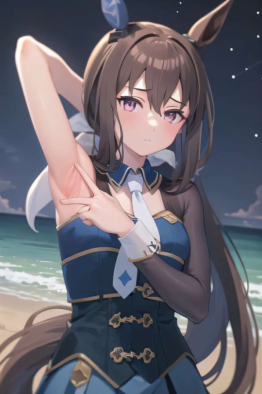 (masterpiece, best quality:1.2), solo, 1girl, admirevega, high quality, solo, night sky, beach, arms behind head, {contrapposto}, closed mouth, spread armpits, upper body, looking at viewer, expressionless, ponytail, horse ears, ear covers, blue dress, necktie, pantyhose, horse tail 