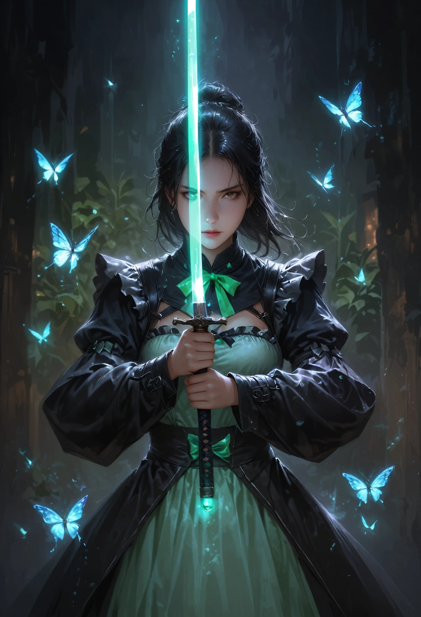 dark atmosphere,maid uniform in style of iron,dark background,female swordsman in the dark,glowing jade sword,lightsaber,invisible face,Sword in both hands,night,dark,fear,sword focus,Glowing butterflies flying in the air,realistic,skin texture