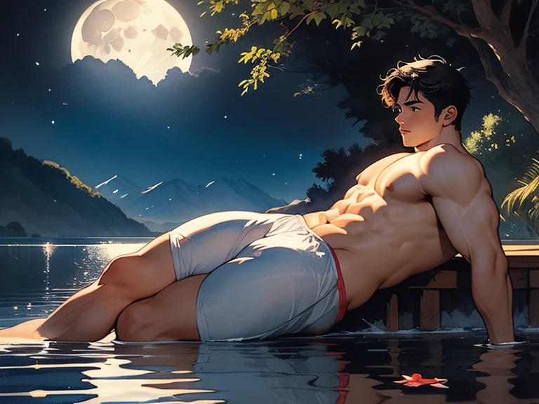 watercolor, a guy swims in a lake in the light of the moon, spreads the buttocks of a -yeld Brlian boy, wearing tight slips with a large protruding convex codpiece. Muscular, with round, firm, perfect buttocks, Aesthetic, erotic, beautiful, in the style of Caravaggio