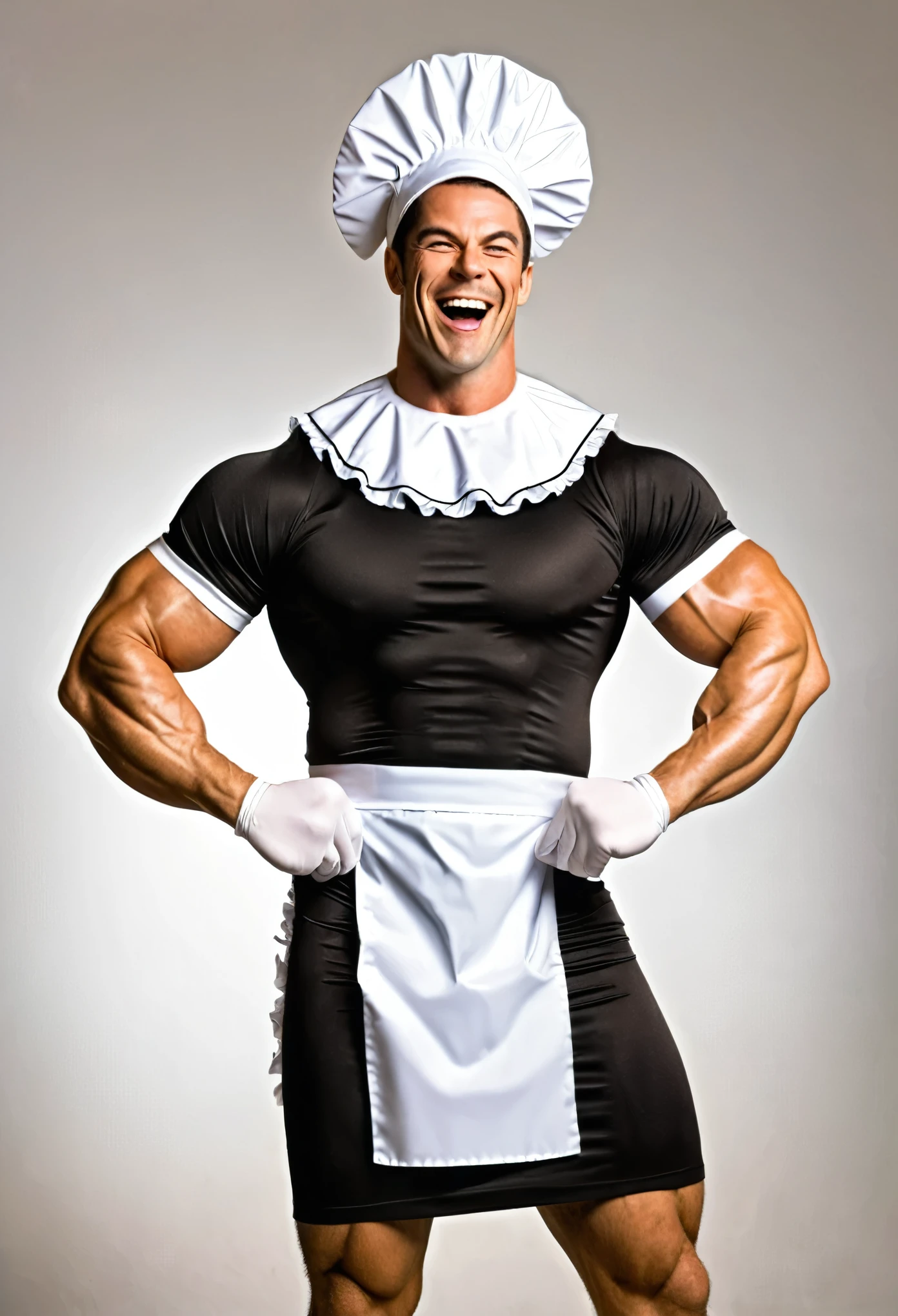 a muscular man sporting a maid outfit, adding a humorous and unconventional twist to the traditional maid costume. The juxtaposition of the man's strong physique with the feminine attire creates a comical and unexpected visual contrast, eliciting laughter and amusement from viewers. The man's confident and playful demeanor in the maid outfit adds an element of lightheartedness and whimsy to the scene, infusing it with a sense of fun and cheeky humor.