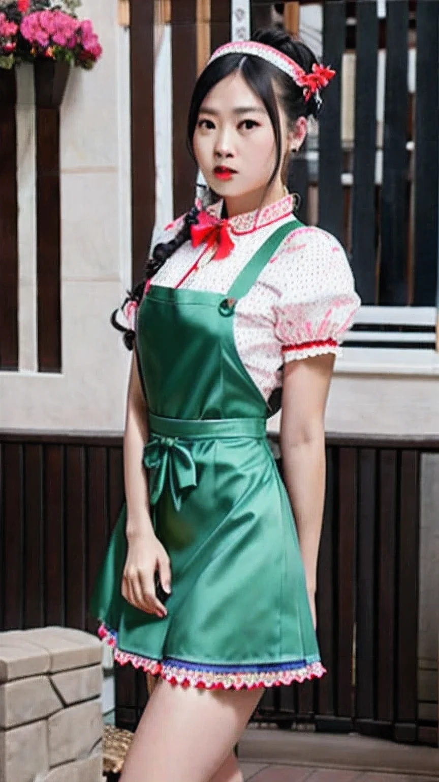 ((（one maid）))Lace headband，long hair bun，Maid overalls，Rainbow Silk Bow Tie，Short sleeves with tight cuffs，apron，Short skirt，Thigh exposed 20cm，Black high-tops over the knee，leather shoes，Facial expression puzzled