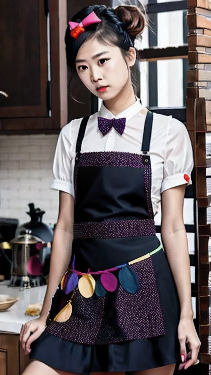 ((（one maid）))Lace headband，long hair bun，Maid overalls，Rainbow Silk Bow Tie，Short sleeves with tight cuffs，apron，Short skirt，Thigh exposed 20cm，Black high-tops over the knee，leather shoes，Facial expression puzzled