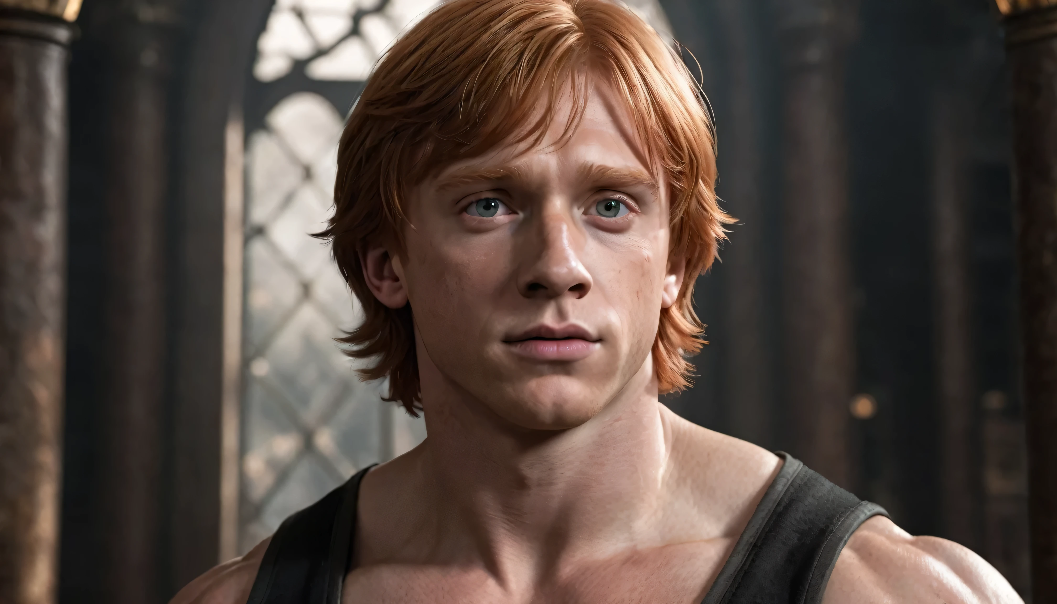 Very Handsome Ron Weasley with a really big chiseled jawline and very big muscled Muscles is looking straight with sigma look inside his magic academy, Ultra realistic