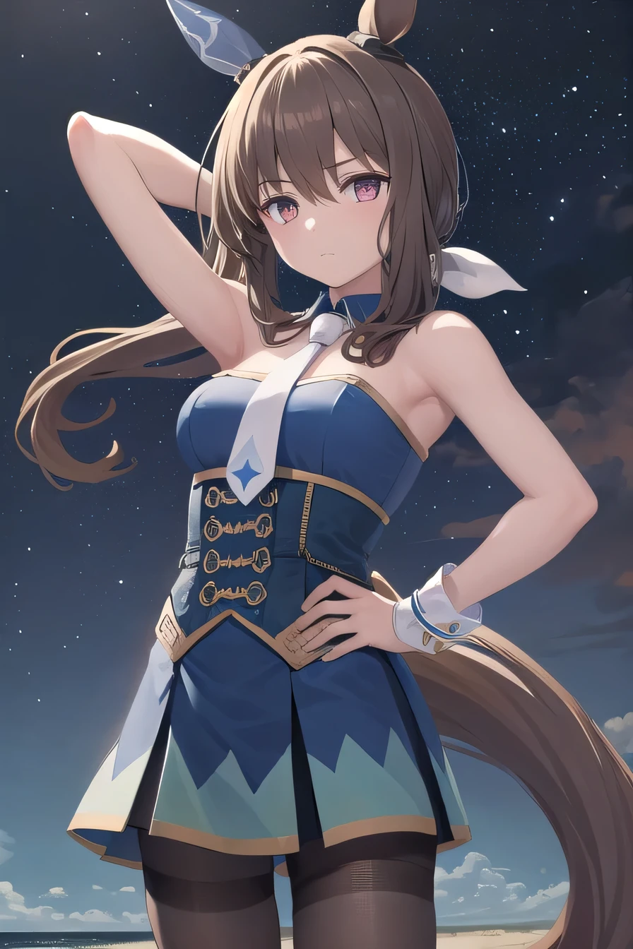 (masterpiece, best quality:1.2), solo, 1girl, admirevega, high quality, solo, night sky, beach, arm behind head, hand on hip, {contrapposto}, closed mouth, spread armpits, (cowboy shot:1.5), looking at viewer, expressionless, ponytail, horse ears, ear covers, blue dress, necktie, pantyhose, horse tail 