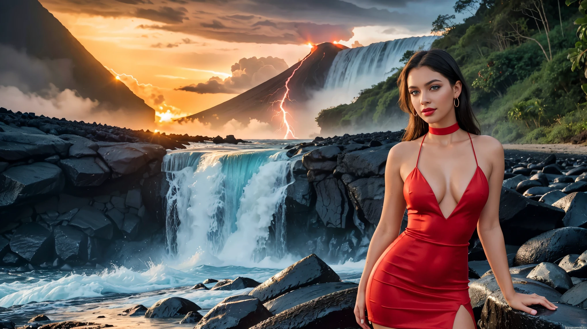 Ray tracing, 8k resolution, wallpaper, masterpiece, photo realistic, realism, jungle, ICE, lava, volcano, beach, sunset, waves, lightning, thunderstorm, realistic lightning
Standing in the waterfalls
(Portrait girl), 1 pretty European, black hair, looking at camera, big blue eyes, full lips, seductive smile, eyeliner wings, lip stick eyeshadow, earring hoops, choker, perfect skin, flat stomach, (red dress:1.3), (short dress, slit dress, tight dress:1.3), (deep neckline:1.3), no top, nude, loving embrace, passion, desire, looks at the camera