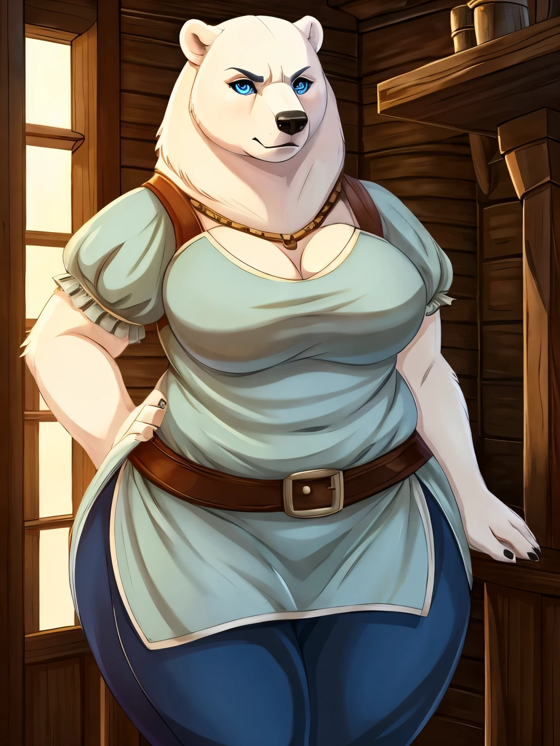 female, polar bear, fat, obese, massive hips, thick thighs, blue anime eyes, tavern wench dress and pants, stern expression, standing guard, medieval cottage