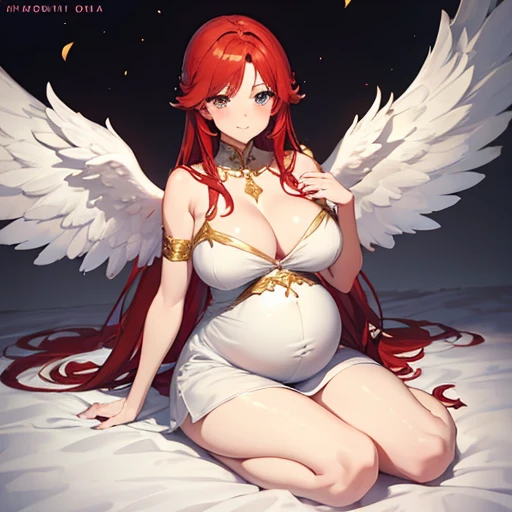 Sexy pregnant motherly angel, sexy motherly pose, mature, red hair, angel wings, beautiful angelic white and gold dress, motherly face, reaching out her hand