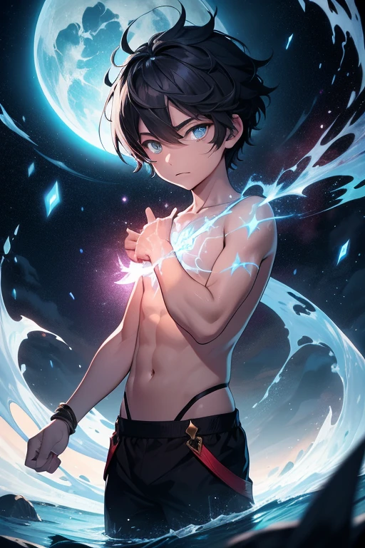 In the realm of imagination, where legends are born and myths take shape, there exists the tale of a boy endowed with the legendary Eyes of Convergence. These eyes, a fusion of ancient powers and cosmic energies, bestow upon their bearer unimaginable abilities that transcend mortal understanding. Let us delve into the details of this enigmatic figure:

**Physical Appearance**:

- **Eyes of Convergence**: The eyes of the boy are a marvel to behold, each one a kaleidoscope of colors and patterns that dance with the flicker of a thousand stars. One eye gleams with the brilliance of the sun, radiating warmth and vitality, while the other shimmers with the cool, calming light of the moon. Together, they embody the dualities of the universe, the yin and yang, the balance of light and darkness.

- **Glowing Aura**: An ethereal aura surrounds the boy, pulsating with the raw power of the cosmos. It manifests as a swirling vortex of energy, casting a radiant glow that bathes him in celestial light. This aura serves as a testament to the immense power contained within his very being, a beacon of hope in a world shrouded in darkness.

- **Symbolic Markings**: Adorning the boy's skin are ancient symbols and glyphs, etched into his flesh as if by the hand of fate itself. They shimmer with an otherworldly luminescence, weaving tales of forgotten legends and untold destinies. Each marking tells a story, a chapter in the boy's journey towards enlightenment and mastery of his newfound powers.

**Abilities**:

- **Harmony of Elements**: The Eyes of Convergence grant the boy the ability to manipulate the fundamental forces of nature, harmonizing the elements to his will. He can conjure flames that dance with the fury of a raging inferno, summon storms that unleash torrents of rain and lightning, and shape the very earth beneath his feet.

- **Balance of Energies**: With his eyes, the boy can channel the dual energies of creation and destruction, weaving them together in a delicate danc