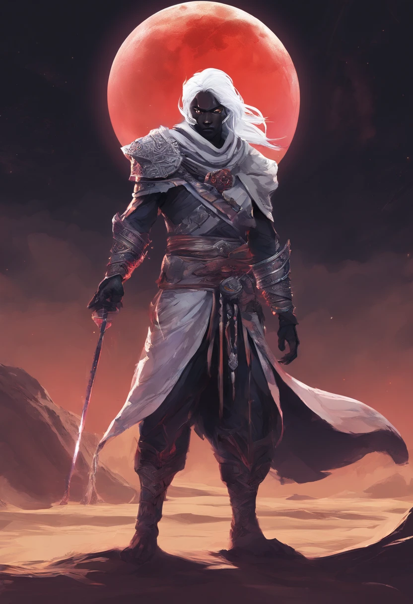 (best quality,Altas,master part:1.2),ilustrar, a beautiful male Drow wizard with dark grey skin and glowing red eyes clothed in mostly white with black accents holding a staff topped with a glowing gem. Character sheet in the style of dungeons and dragons. high quality. 4k. high contrast. dynamic lighting. full body. in a moment of contemplation,nas dunas do deserto,under a crescent moon in the night sky,Retratos,textura detalhada do pelo,dynamic lighting,expressive composition,vivid colors,areia realista,ethereal atmosphere.