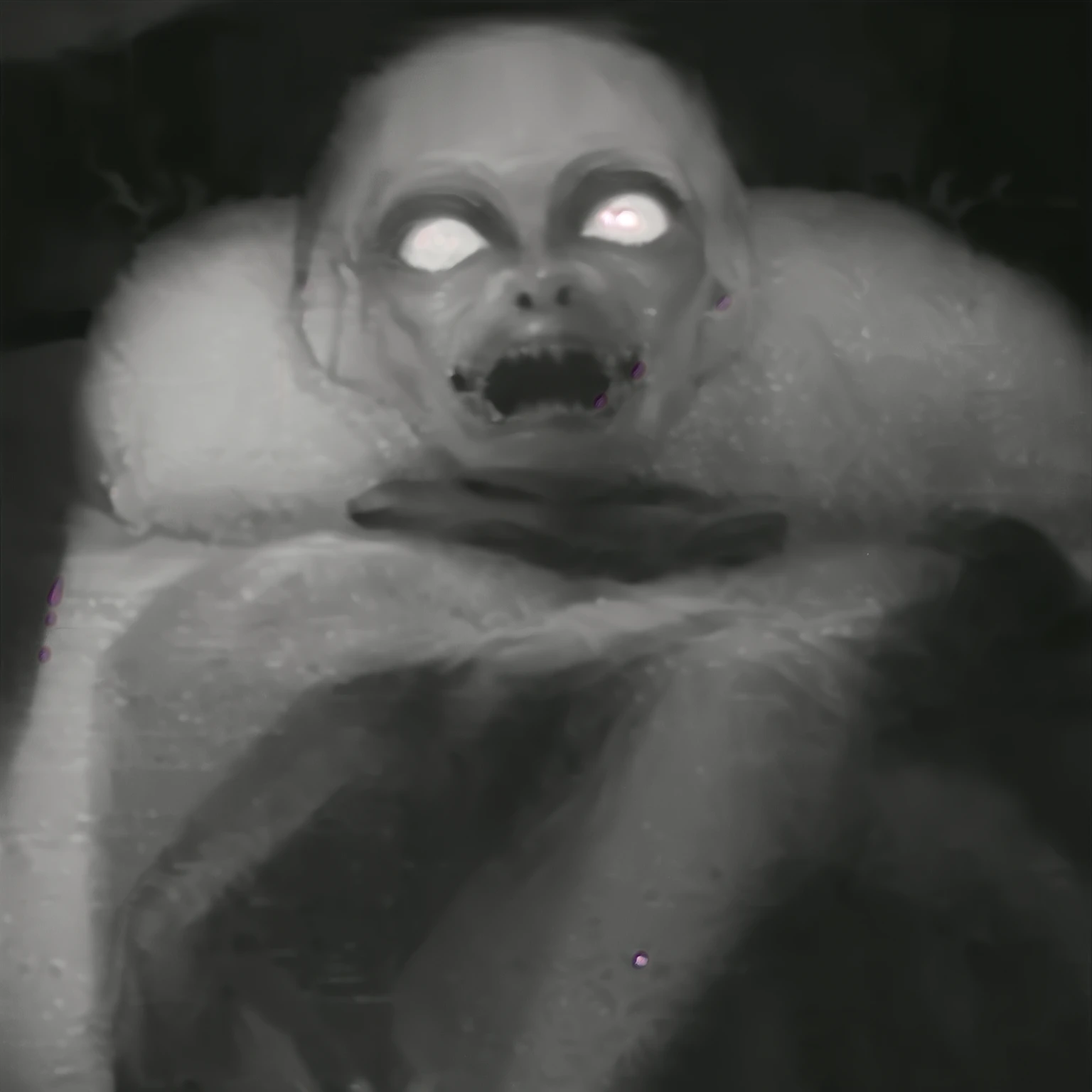 a close up of a monkey with glowing eyes sitting on a bed, very scary photo, demonic photograph, scary photo, scary picture, eerie person, cursed image, photo of scp-173, paranormal monster, creepy photo, unsettling found footage, spooky found footage, scary ghost, spiritual eerie creepy picture, sleep paralysis demon, unsettling photo, cursed images