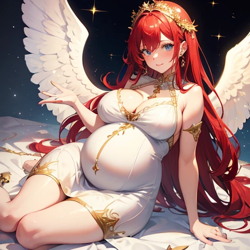 Sexy pregnant motherly angel, sexy motherly pose, mature, red hair, angel wings, beautiful angelic white dress with gold designs, motherly face, reaching out her hand