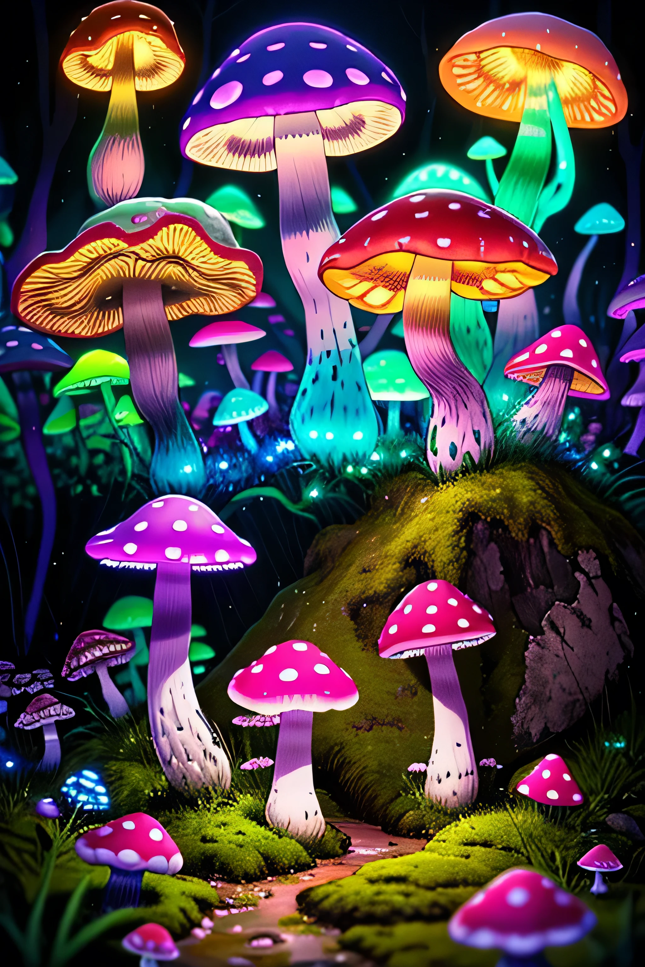 (Very detailed:1.2),(highest quality:1.2),8k,Sharp focus, (Scattered beneath the surface of the water:1.1)、rain、rain、rain、Forest road、(Forest roadが長く続いている)、(Glowing magical bioluminescent mushrooms:1.2),Psychedelic magic particles in the air, (neon bioluminescent mushroom forest at night:1.2), (magic firefly:1.2) (Very detailed trees、Rocks and moss:1.2), (Very detailed background:1.3), roleplaying game, Eldon Ring Style, (Fantasy:1.3),(Surreal:1.1), (((night))), Cinema Lighting, Very detailed, Art Station,Smooth, Sharp focus, Types of bacteria, Greg Lutkoski, Edited selection, trending on Art Station, Trending on deviantart, Knock me out, (By comparison:0.4),