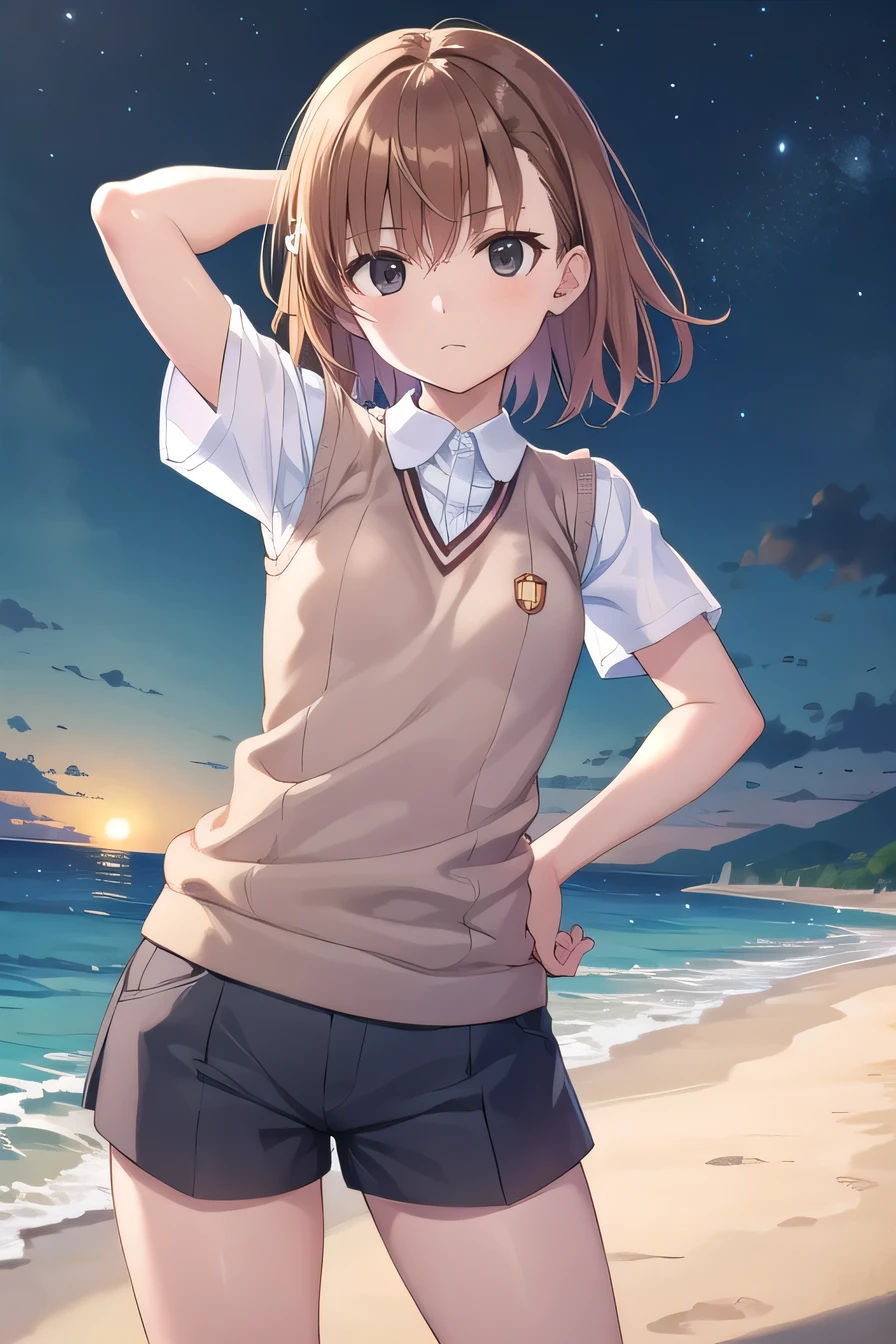 short hair, brown hair, black eyes, empty eyes, sweater vest, shirt, shorts, white shirt, pleated shorts, v-neck, short sleeves, tokiwadai , misaka imouto, solo, night sky, beach, arm behind head, hand on hip, contrapposto, spread armpits, closed mouth, (cowboy shot:1.5), looking at viewer, best quality,