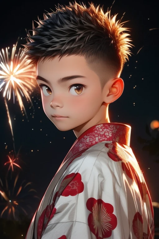 firework, boy, 18 years old, Wearing a Japanese kimono, Short spiked hair, crew cut hair, Cute, Young, Asian, 