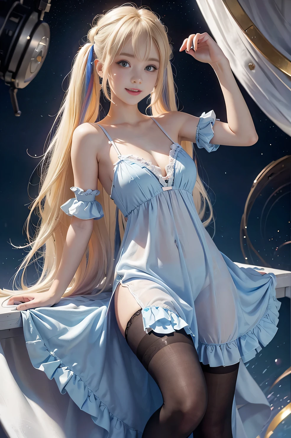 cute blonde hair with rainbow colored hair tips, 18-year-old woman, happy, smiling, in twin tails, perfect blue eyes, pale goth skin, silky smooth skin, standing on a space ship, deep space, dark lighting, wearing a pastel blue (sheer) nightgown, frilly chemise nightgown, cute white panties and bra underneath her nightgown, panties showing, wearing full body pantyhose.