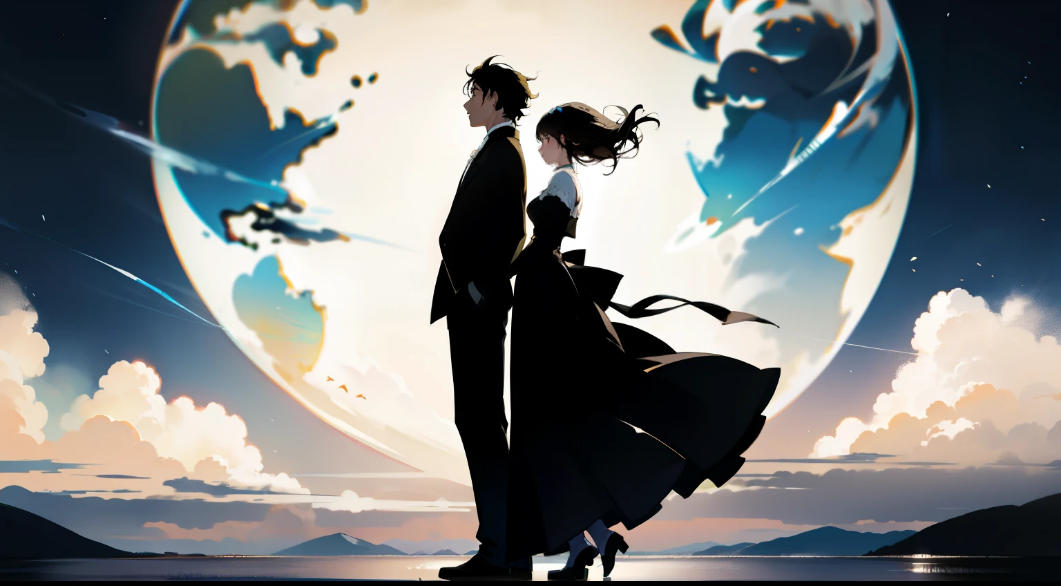 Silhouette of a man and woman walking、The background is the earth、high resolution、Like a movie