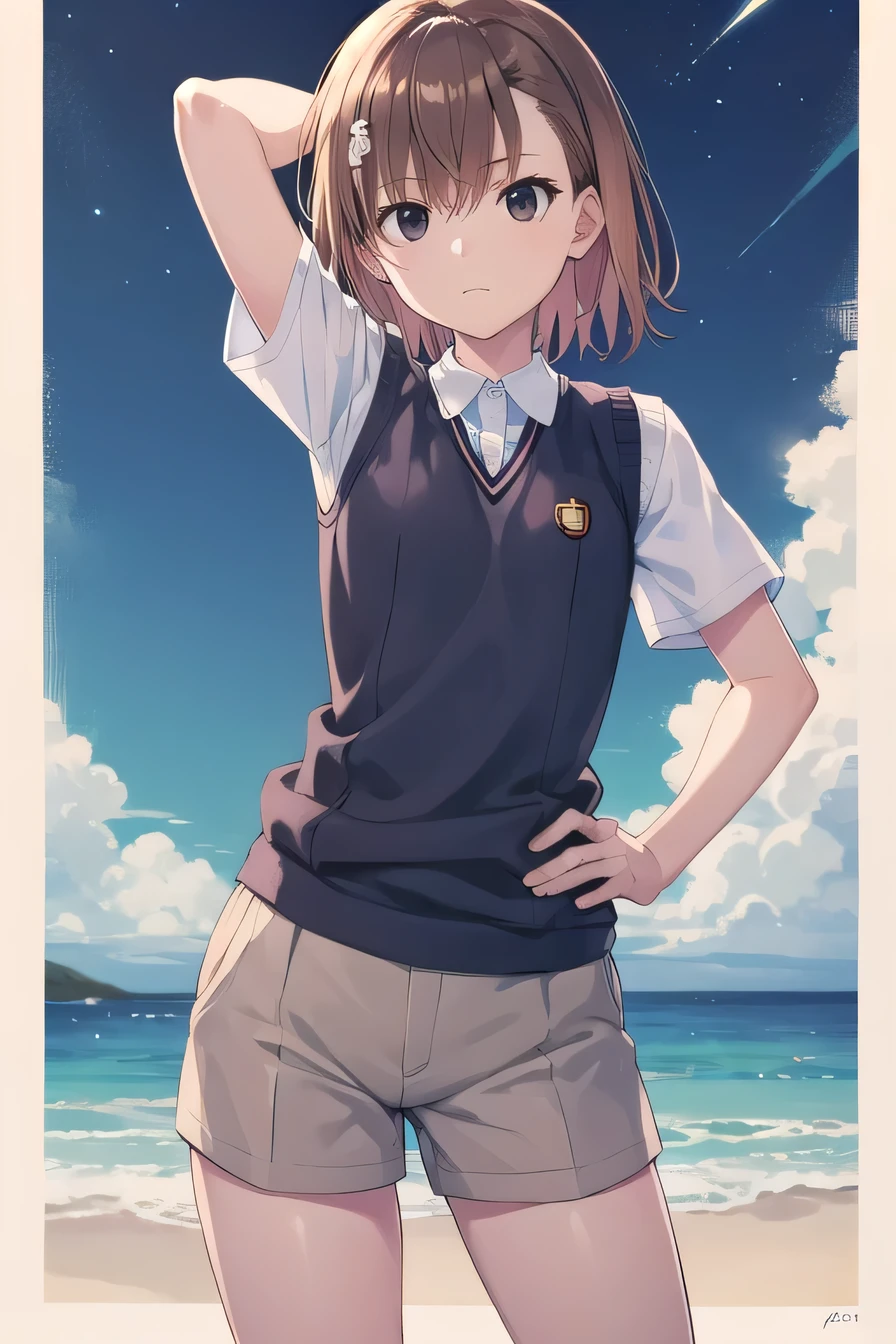 short hair, brown hair, black eyes, empty eyes, sweater vest, shirt, shorts, white shirt, pleated shorts, v-neck, short sleeves, tokiwadai , misaka imouto, solo, night sky, beach, arm behind head, hand on hip, contrapposto, spread armpits, closed mouth, (cowboy shot:1.5), looking at viewer, best quality,