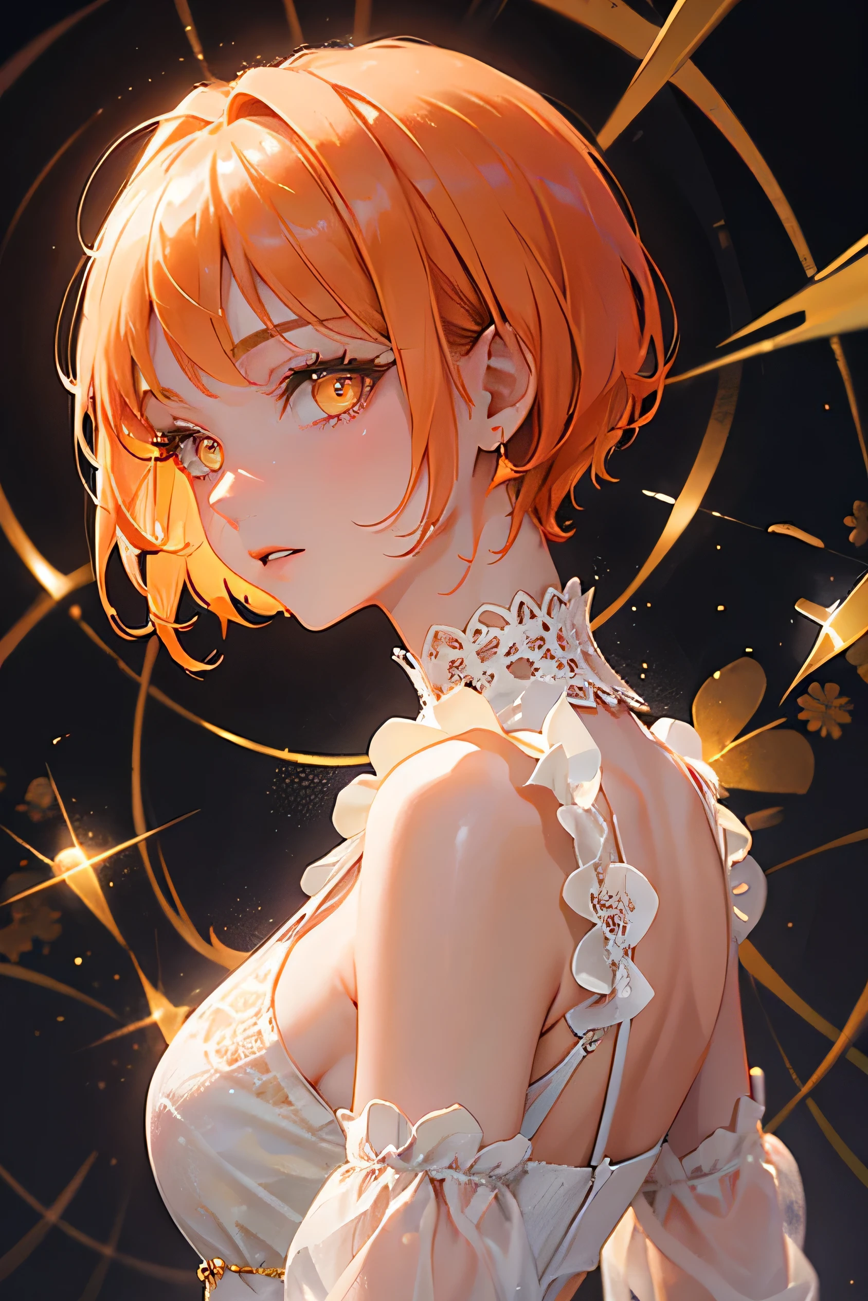masterpiece, highest quality, so beautiful、Latest、Orange Hair, short hair, ((Glowing yellow eyes))、Adult woman wearing a white dress、Face close-up、Bullish expression、Mature and cool