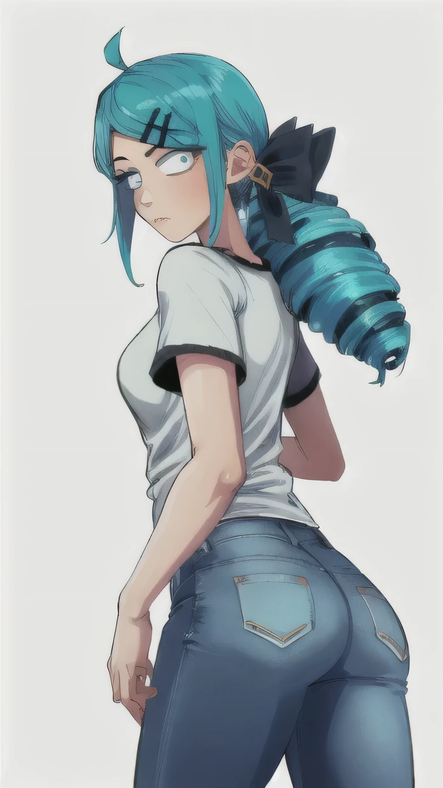 1 girl, Blue eyes, blue hair, Drill hair, gwen \(League of Legends\), In a white T-shirt and black jeans, hair ornament, a high resolution, League of Legends, long hair, X, X hair ornament, ass