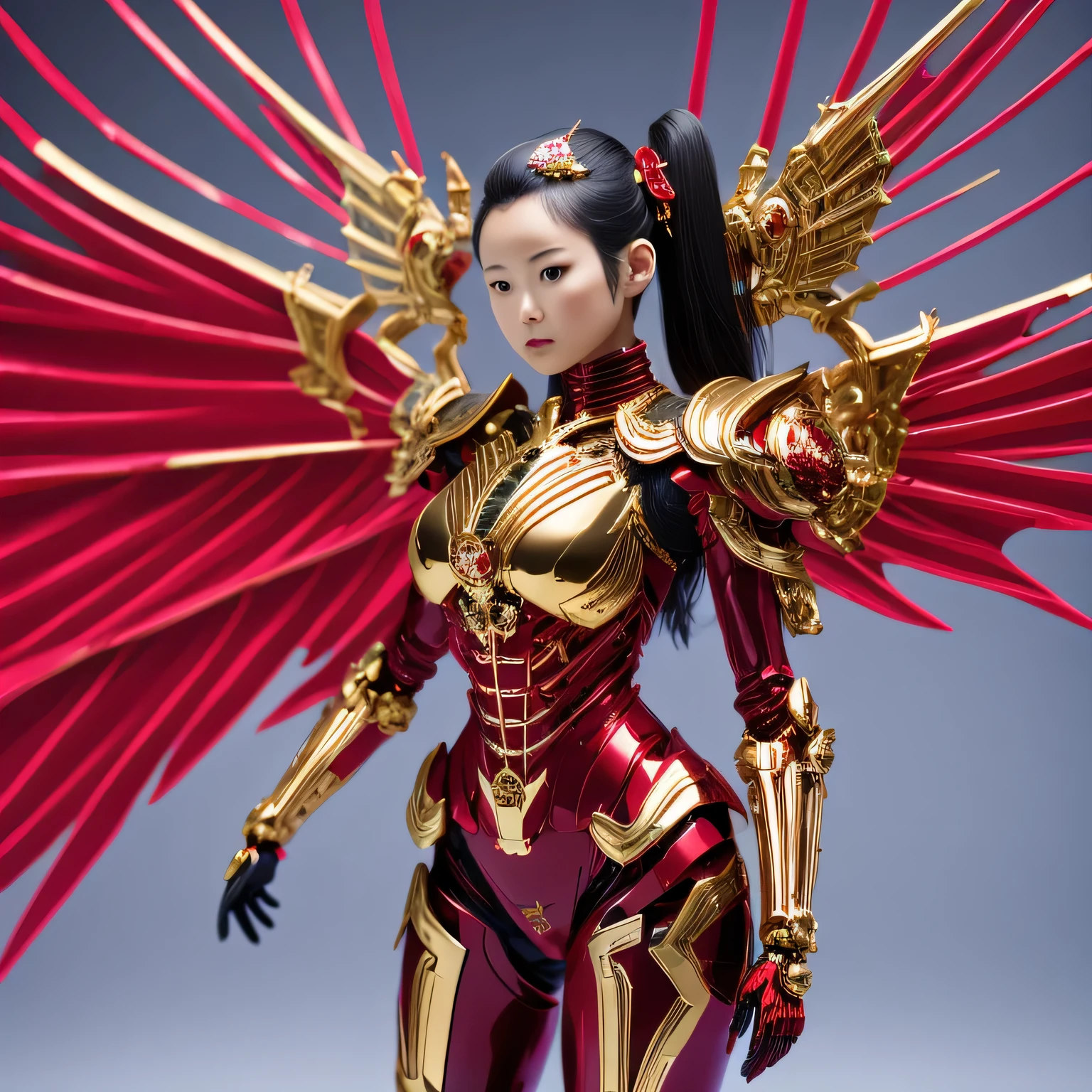 araffe skeleton in a red and gold costume with wings, saint skeleton queen, red demon armor, lady in red armor, wearing a skeleton armor, holy cyborg necromancer girl, hone onna skeleton geisha, ( highly detailed figure ), goddess of death, masami kurumada, the other a skeletal figure, skeletal, scary queen of death，((（one female）))