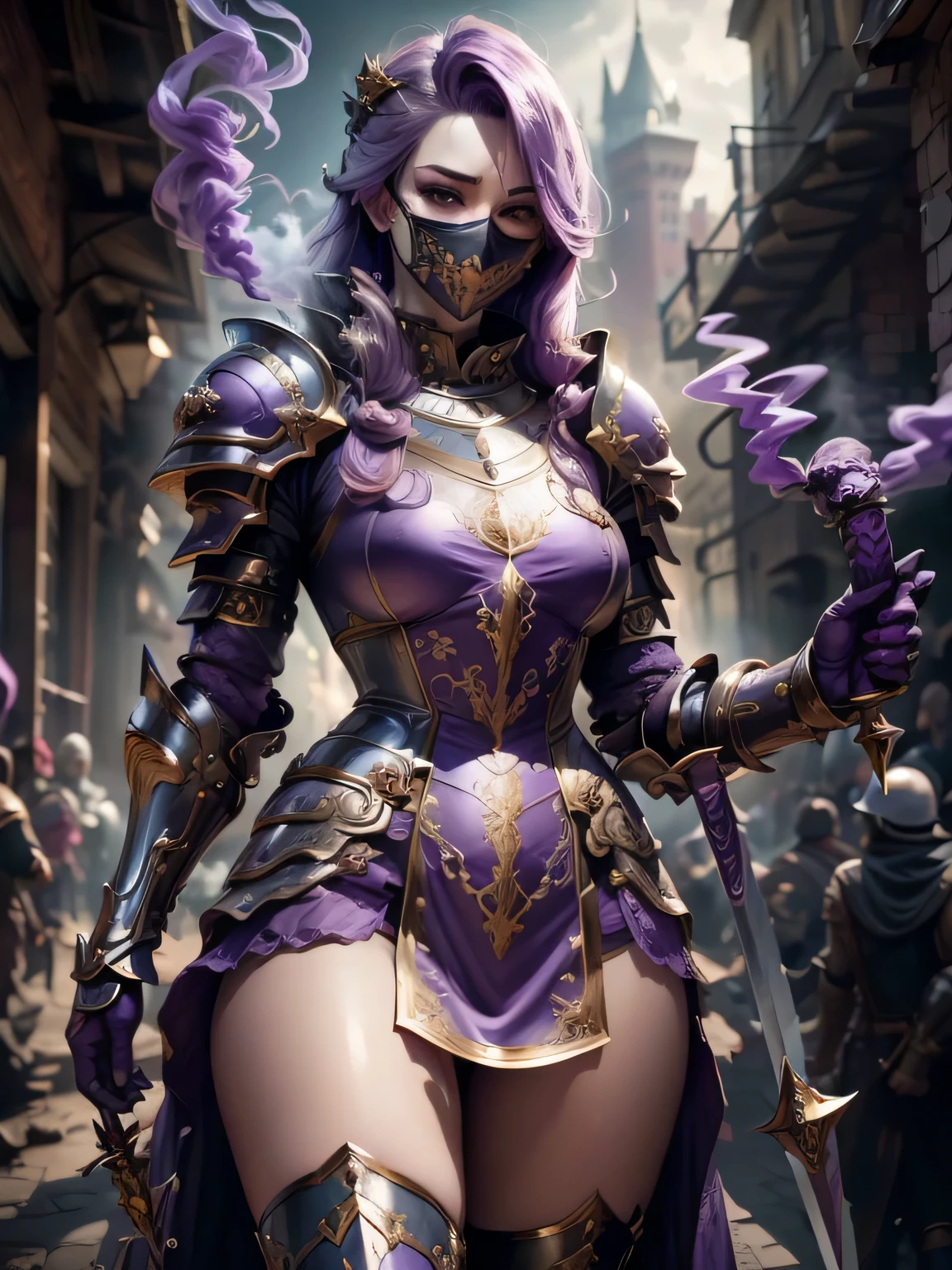 (Masterpiece, Superb Detail, Super Detailed, High Resolution), Male Focus, (((Female Armor))), (((Armor Purple Dress Set))), (((Skull Mask))), (She Has Long Purple Hair, Medium Breasts, Slim, perfect body, beautiful face), look at viewer, (((purple panty))), (((holding smoke sword))), City Ruins, Background Details, Solo