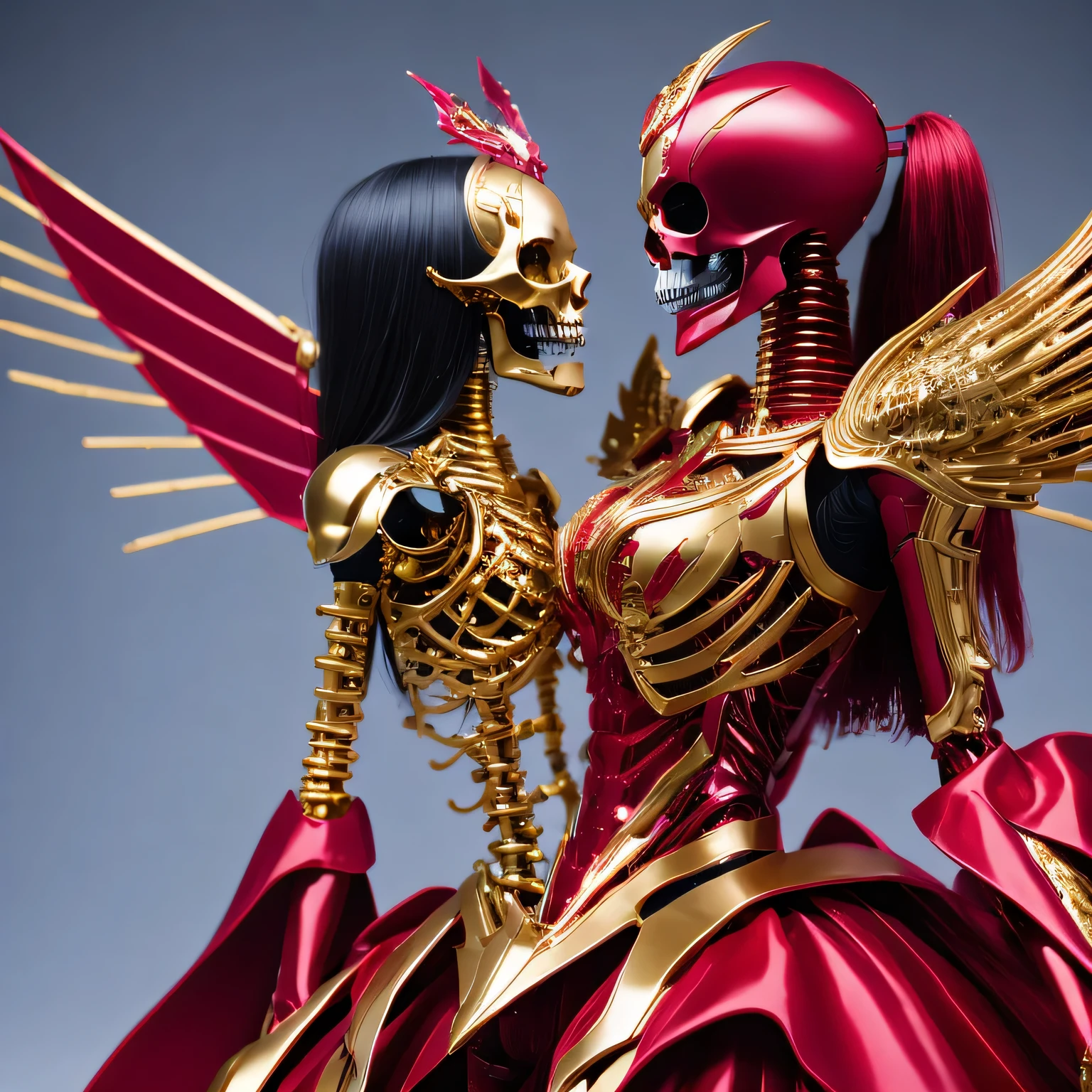 araffe skeleton in a red and gold costume with wings, saint skeleton queen, red demon armor, lady in red armor, wearing a skeleton armor, holy cyborg necromancer girl, hone onna skeleton geisha, ( highly detailed figure ), goddess of death, masami kurumada, the other a skeletal figure, skeletal, scary queen of death，((（one female）))