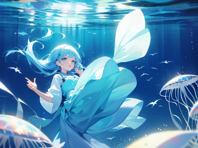 In the sea、Girl floating with jellyfish。fluffy。The overall color is light blue。