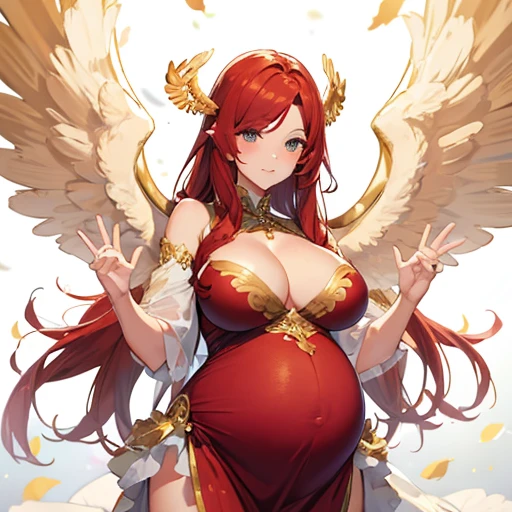 Sexy pregnant motherly angel, sexy motherly pose, mature, red hair, angel wings, beautiful angelic white and gold dress, motherly face, reaching out her hand