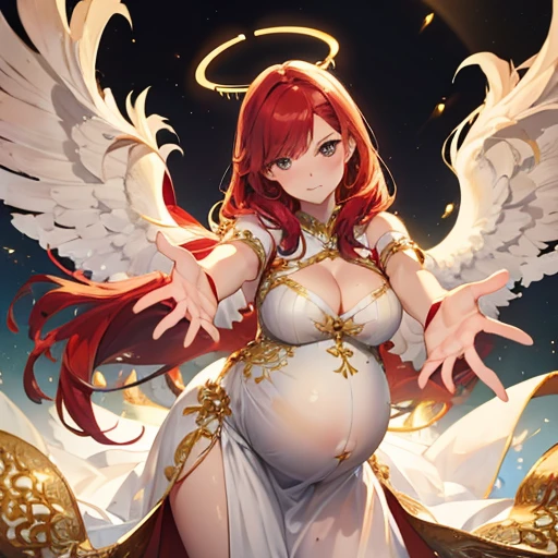 Sexy pregnant motherly angel, sexy motherly pose, mature, red hair, angel wings, beautiful angelic white and gold dress, motherly face, reaching out her hand