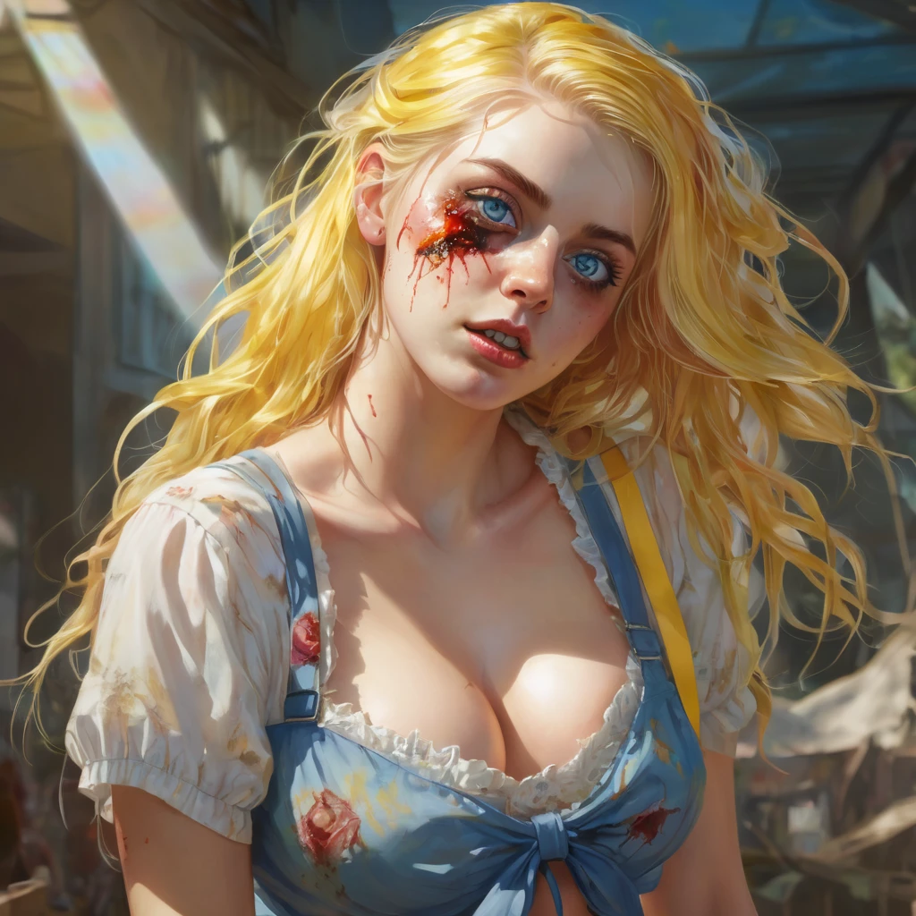 (finely detailed beautiful eyes and detailed zombie face,masterpiece sidelighting,masterpiece,best quality,detailed,high resolution illustration),, (1 depraved girl,whole body,sundress,lustrous skin,looking down,looking at viewer),, (yellow hair,blue eyes,ribbon, sheer clothes), (clothed_underbust:1.2),underboob