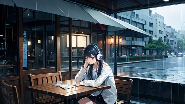 rain、Cafe、study、With headphones on